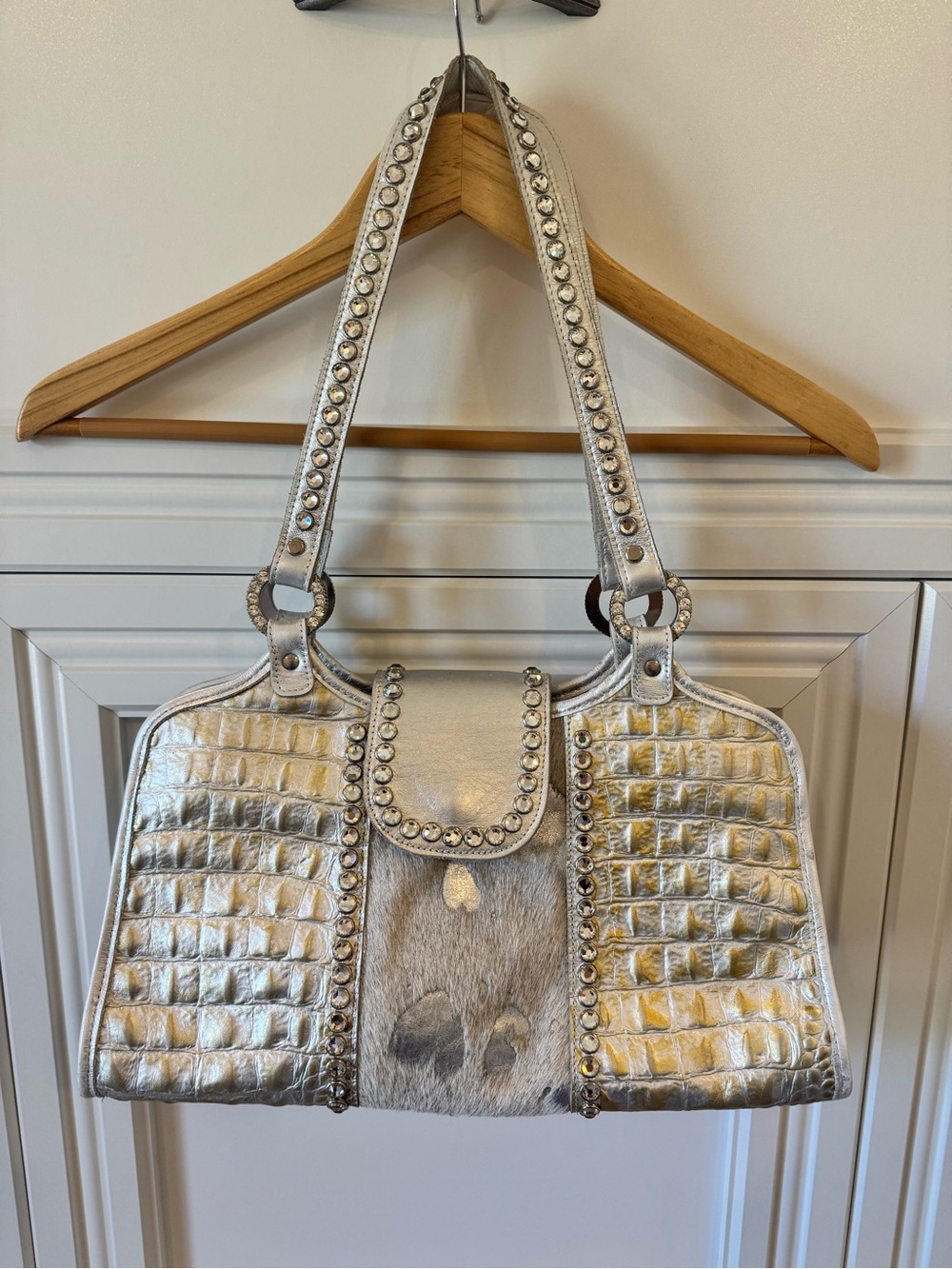 Silver Embossed Leather Shoulder Bag with Stud Detail